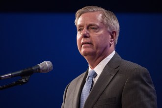 Senator Lindsey Graham speaking at the Lincoln Dinner.  This summer, the senator is expected to declare himself a presidential candidate for the Republican party. 5/16/2015 Photo by John Pemble