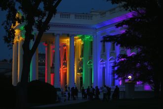 WASHINGTON, DC - JUNE 26:  Rainbow-colored lights shine on the White House to celebrate today's US Supreme Court ruling in favor of same-sex marriage June 26, 2015 in Washington, DC. Today the high court ruled 5-4 that the Constitution guarantees a right to same-sex marriage in all 50 states.  (Photo by Mark Wilson/Getty Images)