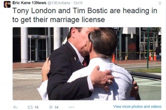 SCOTUS same sex marriage ruling tweet: Eric Kane 13News @13EricKane · Oct 6 Tony London and Tim Bostic are heading in to get their marriage license.
