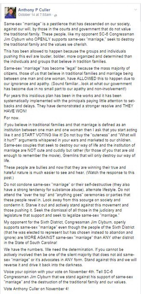 Culler goes anti-gay in Facebook calling same-sex couples "bullies" and Gremlins. https://www.facebook.com/AnthonyCullercom/posts/696878803722773