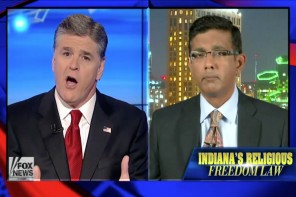 Sean Hannity and Dinesh D'Souza think gay Americans should be upset over Sharia law, and not Indiana's new anti-gay law.