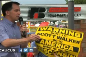 Scott Walker Supporters Forcefully Rip Signs From Protesters Hands While Walker Eggs Them On (IMAGES/VIDEO)