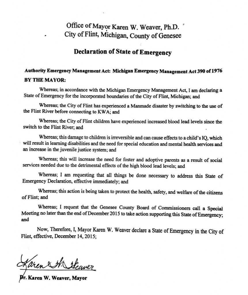emergency declaration Flint Michigan