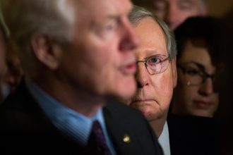 WASHINGTON, DC - MAY 10: L to R, Sen. John Cornyn (R-TX) speaks as Senate Majority Leader Mitch McConnell (R-KY) looks on as they speak to reporters during a news conference after their weekly policy meeting with Senate Republicans, at the U.S. Capitol, May 10, 2016, in Washington, DC. Presidential candidate Donald Trump is scheduled meet with Republican House and Senate leadership on Thursday. (Photo by Drew Angerer/Getty Images)