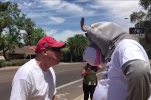 Trump Supporter Makes An A** Of Himself–Attacks Protester Dressed As Donkey (VIDEO)